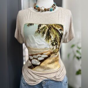 Chico's Beige Island Print Graphic Tee Coastal Beach Vacation Top